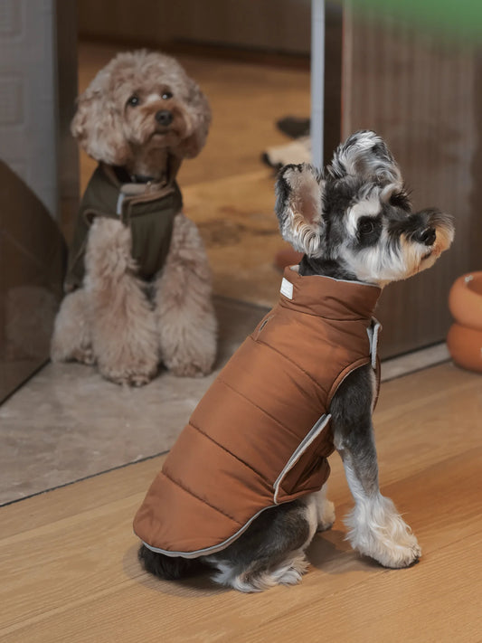 REVERSIBLE DOG VEST JACKET - ORANGE GREY / GREEN BROWN